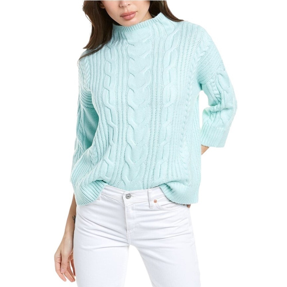 Vince Camuto Elbow Sleeve Cable Stitch Knit Sweater Sea Mist Blue Small New